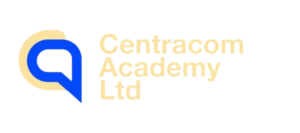 Logo of Centracom Academy Ltd featuring a blue speech bubble with a white 'Q' inside, next to the company name in gold and blue letters on a black background.