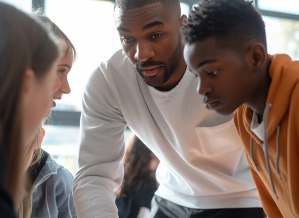 A group of three focused individuals, one adult and two youths, leaning over a table with papers, possibly engaged in a collaborative activity or discussion.